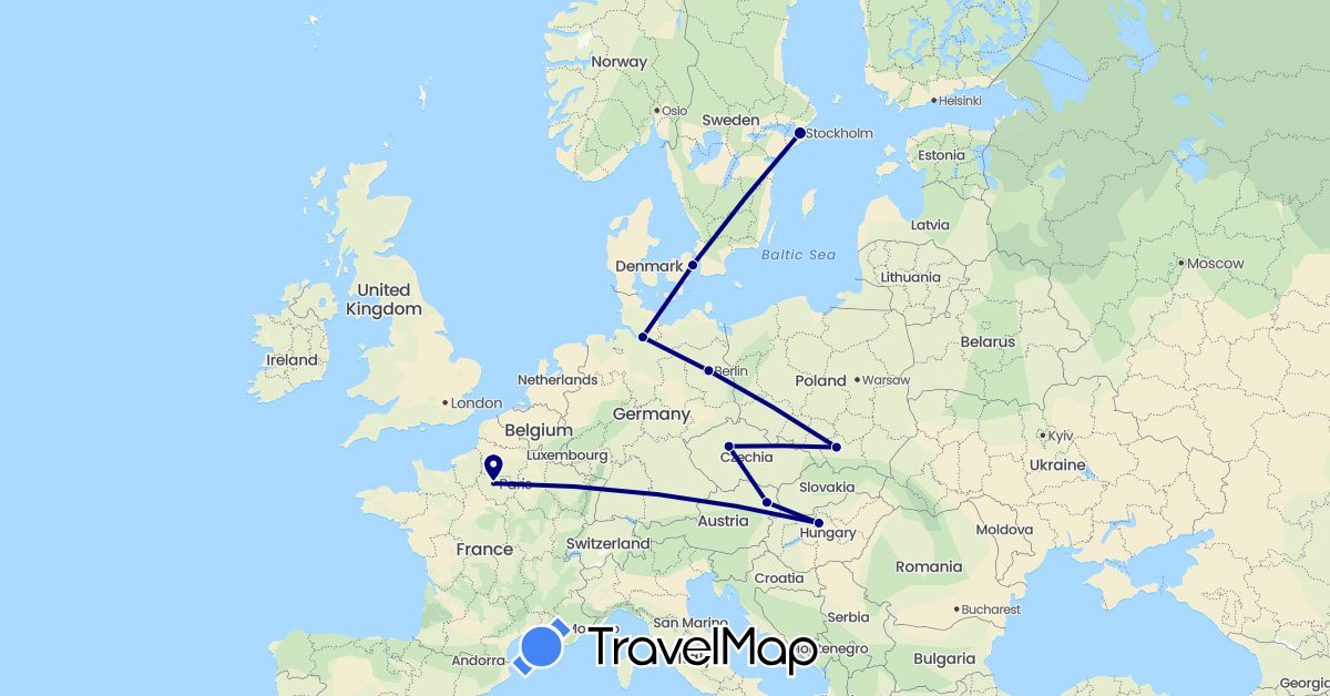 TravelMap itinerary: driving in Austria, Czech Republic, Germany, Denmark, France, Hungary, Poland, Sweden (Europe)