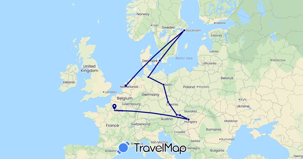 TravelMap itinerary: driving in Austria, Czech Republic, Germany, Denmark, France, Hungary, Netherlands, Sweden, Slovakia (Europe)